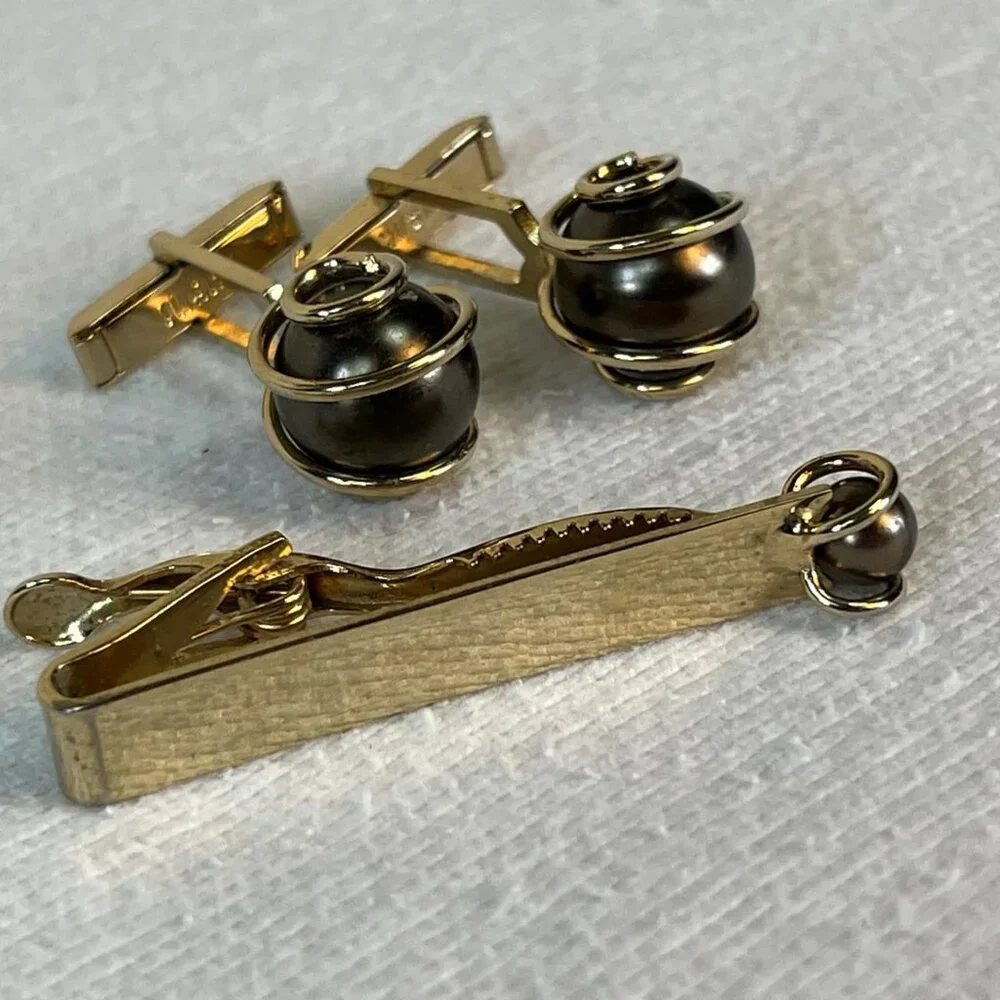Vintage SWANK Gold Tone w/ Gray‎ Pearl/Bead Cuff Link Tie Tac Set Formal Wedding
